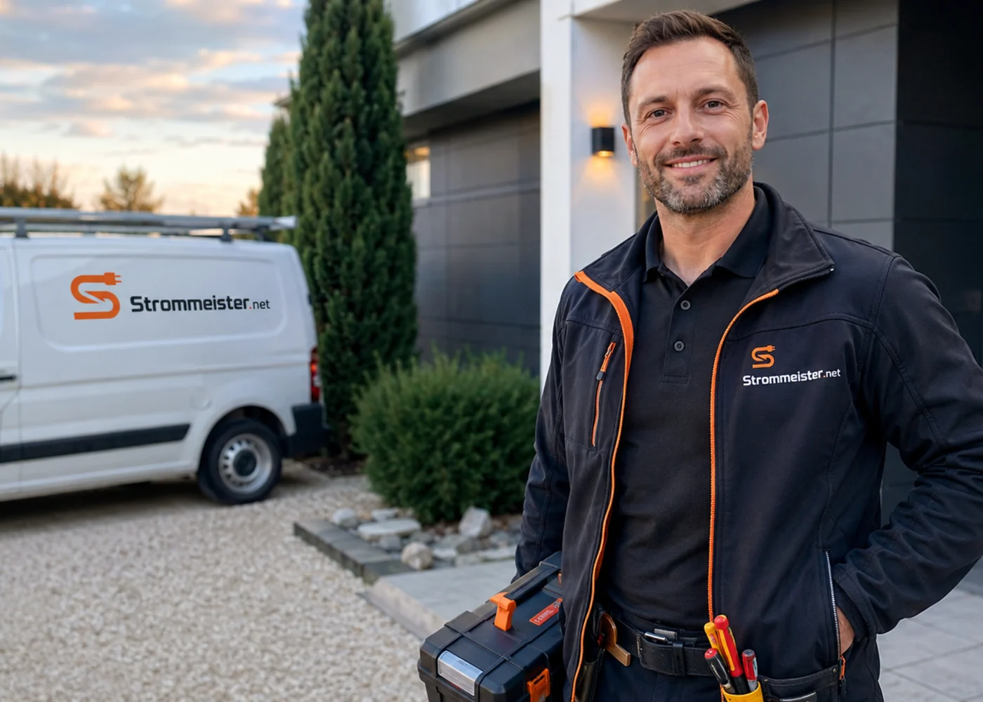 Strommeister.net Elektriker vor einem modernen Wohnhaus mit Servicefahrzeug